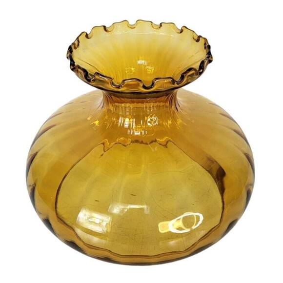 Vintage MCM Amber Ribbed Glass Empoli Ruffled Edge Hurricane Parlor Lampshade - Picture 5 of 11